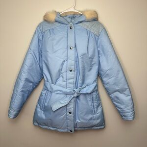 Woolrich Women’s Vintage Puffer Parka Coat Real Fur Hood 70s Large‎ Blue